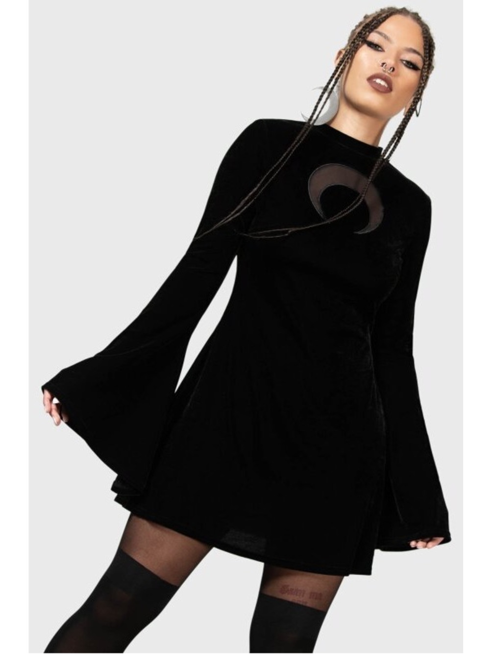 Killstar Size XL Black Velvet Flare Sleeve Mesh Crescent Cutout Mini Dress